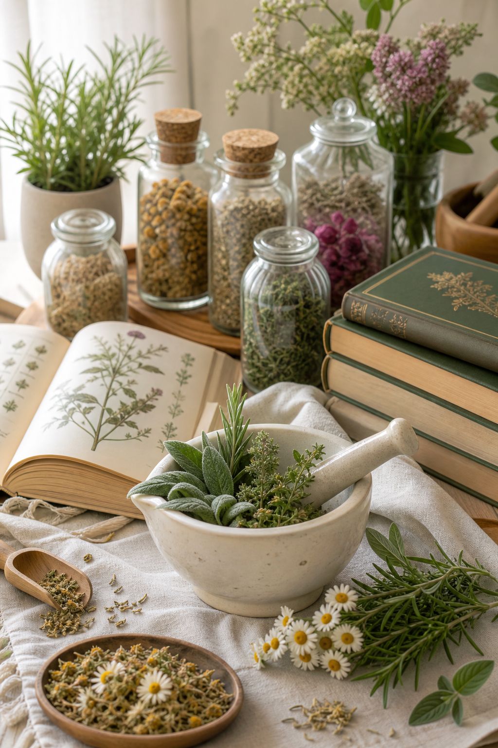 Plantas secas, flores e ingredientes de herbolaria sobre una mesa clara